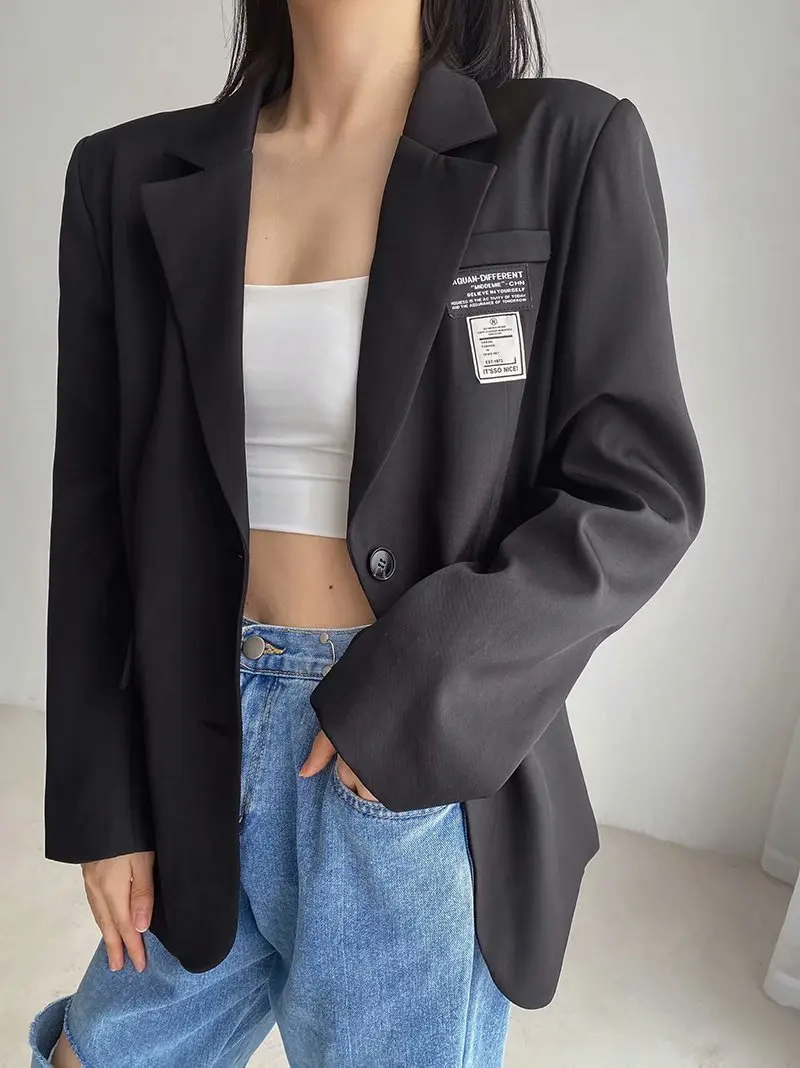 Street Sle Loose Damen Jaet 2022, neuer Vintage Briti College Faion Ele, schrulliger Anzug, reine Farbe, lang, Sve