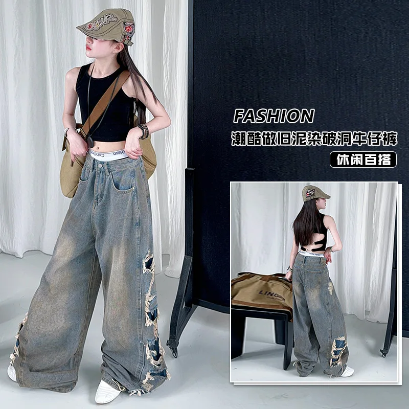 

Джинсы для девочек в американском стиле ретро, летние новые дизайнерские широкие брюки для подростков, прямые длинные джинсовые брюки для детей, брюки ﻿