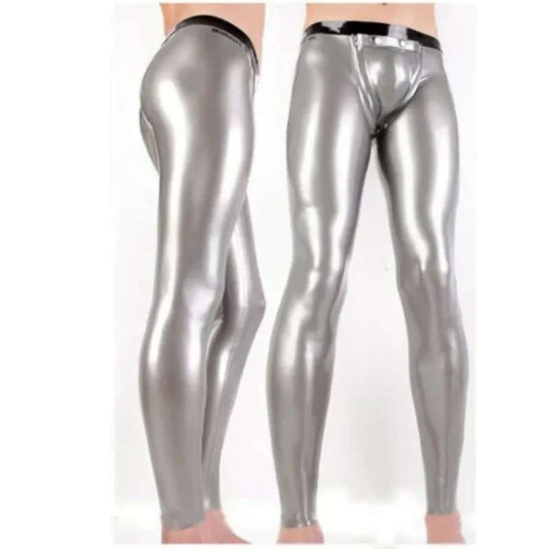 Latex rubber suit handmade cosplay Silver Men Pants Codpieces with Socks Front Zipper Trousers Jeans Customize