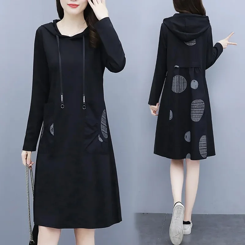 

Fat Sister Large Size Hooded Dress Female 2024Spring Autumn New Loose Vestidos Slim Hidden Belly Long Sweatshirt Women's Dresses