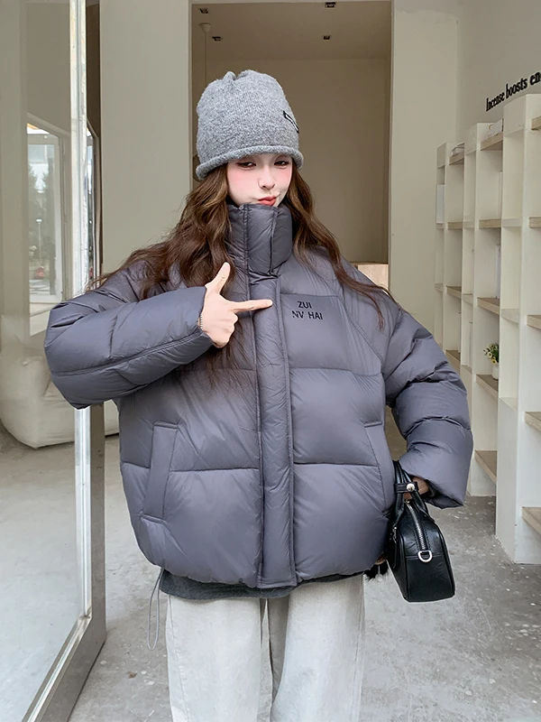 

ey Stand Collar Bread Sle down Jaet Women's ort Winter Faion Korean High-End Versatile White Du down Coat