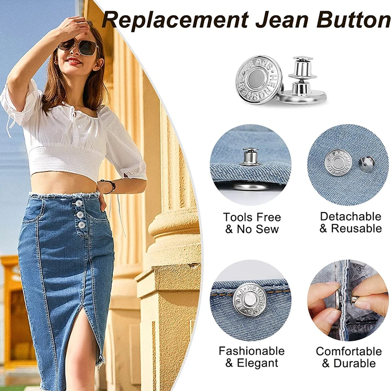 10PCS Jeans Buttons Replacement 17mm No Sewing Metal Button Repair Kit Nailless Removable Jean Buttons Set Sewing Accessories