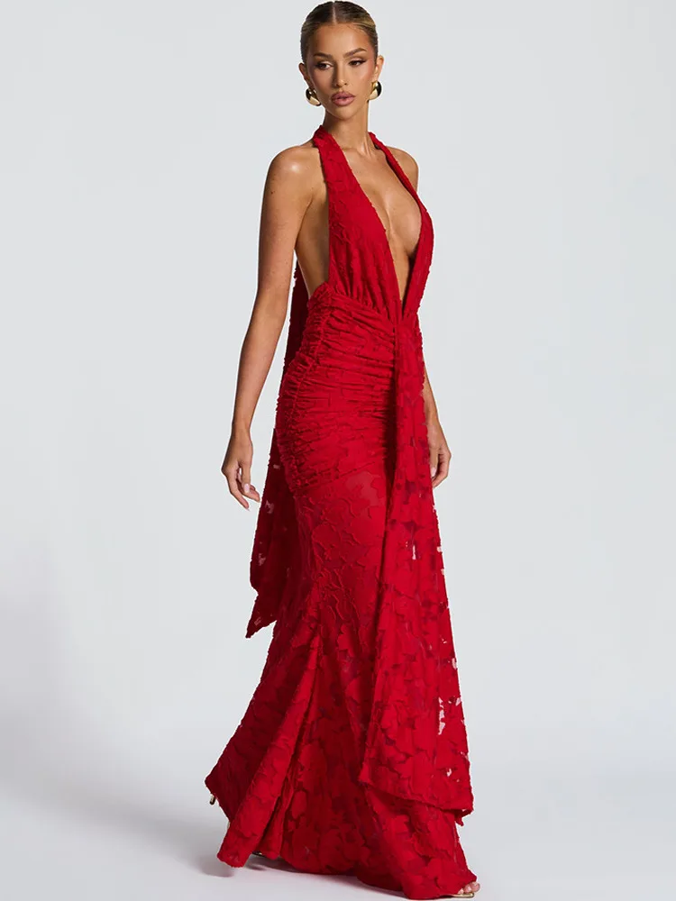 Apprabant Deep V-Neck Patchwork Evening Maxi Dress Women's Halter Tie Tank Sexy Backless Ruched Ribbon Long Dress Partywear