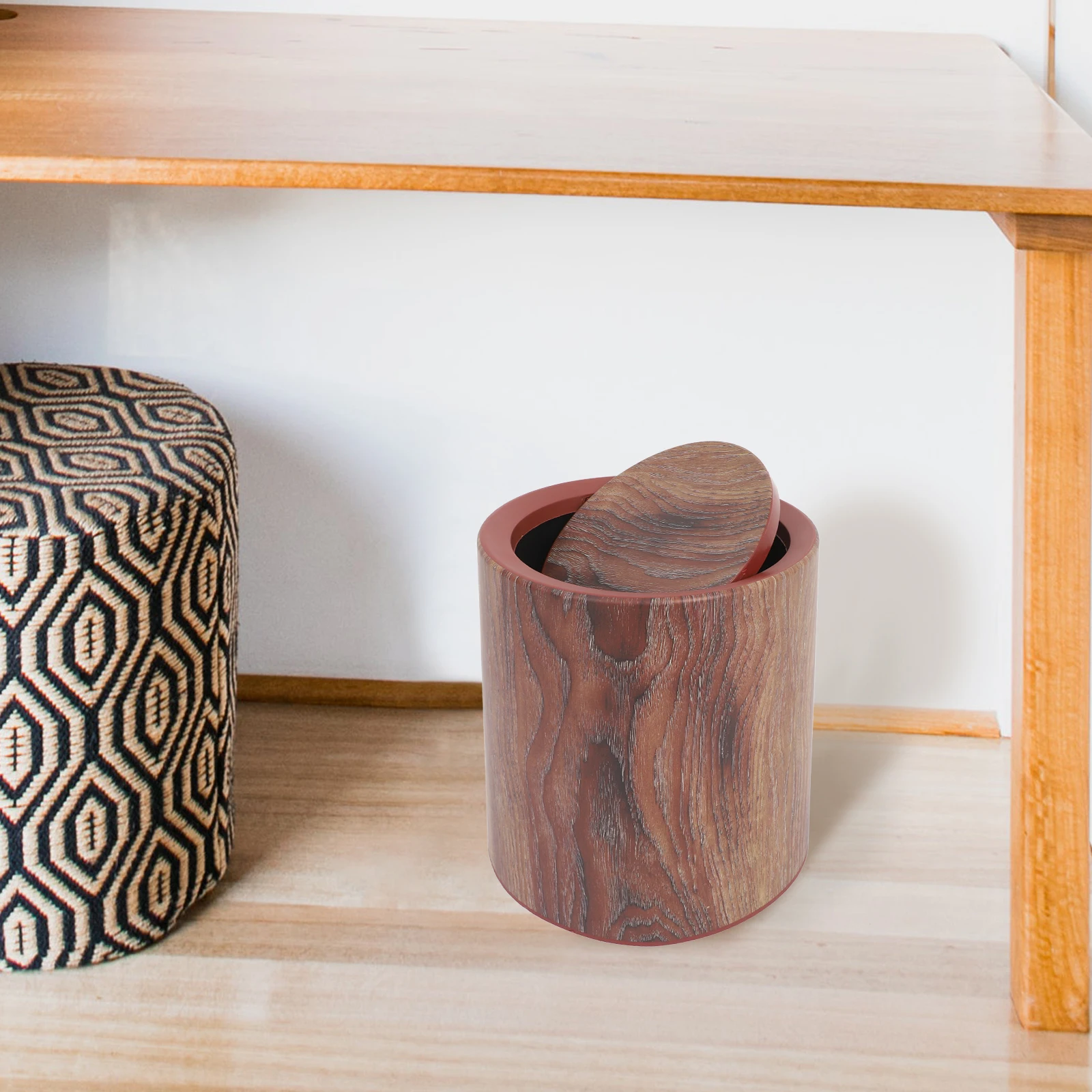 

Wood Grain Trash Can Swing Top Lid Round Garbage Bin Wastebasket Container Rubbish Paper Basket Holder Laundry Hamper Kitchen