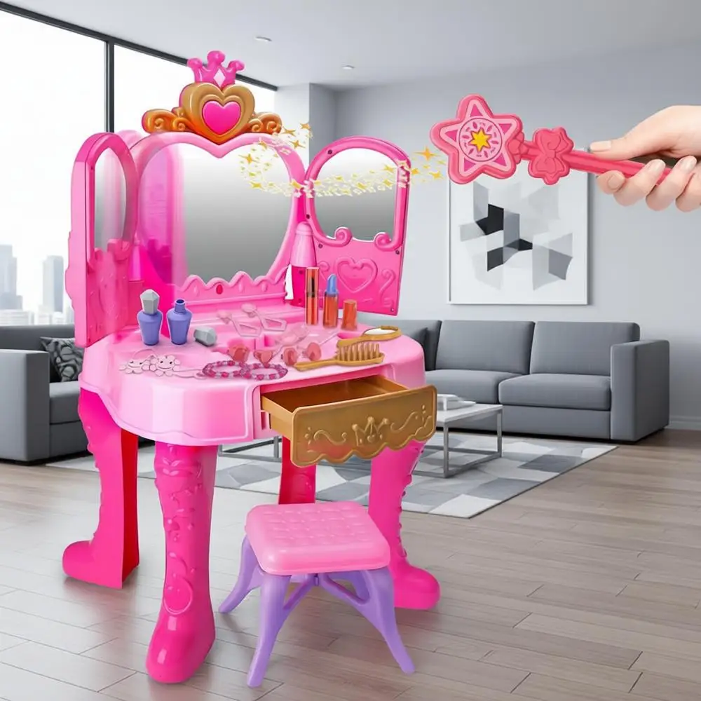 

Children's Magic Makeup Vanity Set with Chair, Music, and Lights - Pink Hair Salon Playset for Ages 3-5, Pretend Play Gift