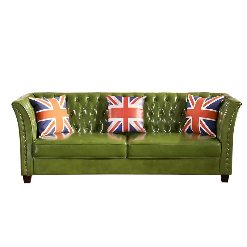 

American retro leather sofa antique oil wax leather straight row old army green pull button sofa club cigar bar