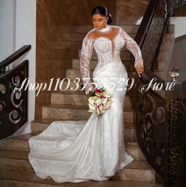 Plus Size Aso Ebi Wedding Dresses Mermaid High Neck Long Sleeve Elegant Bridal Gowns African Customised Lace Gowns