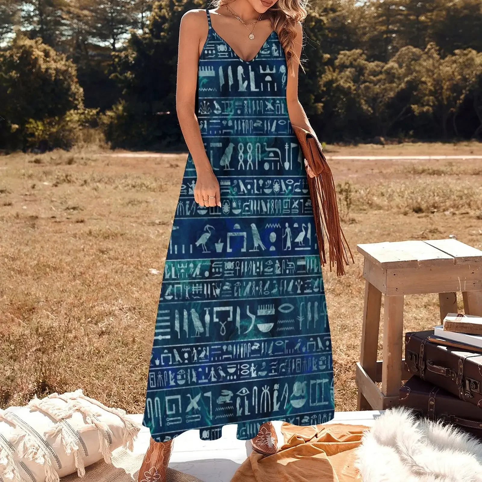 Egyptian hieroglyphs -silver on blue painted texture Sleeveless Dress Clothing female cute dress Dress