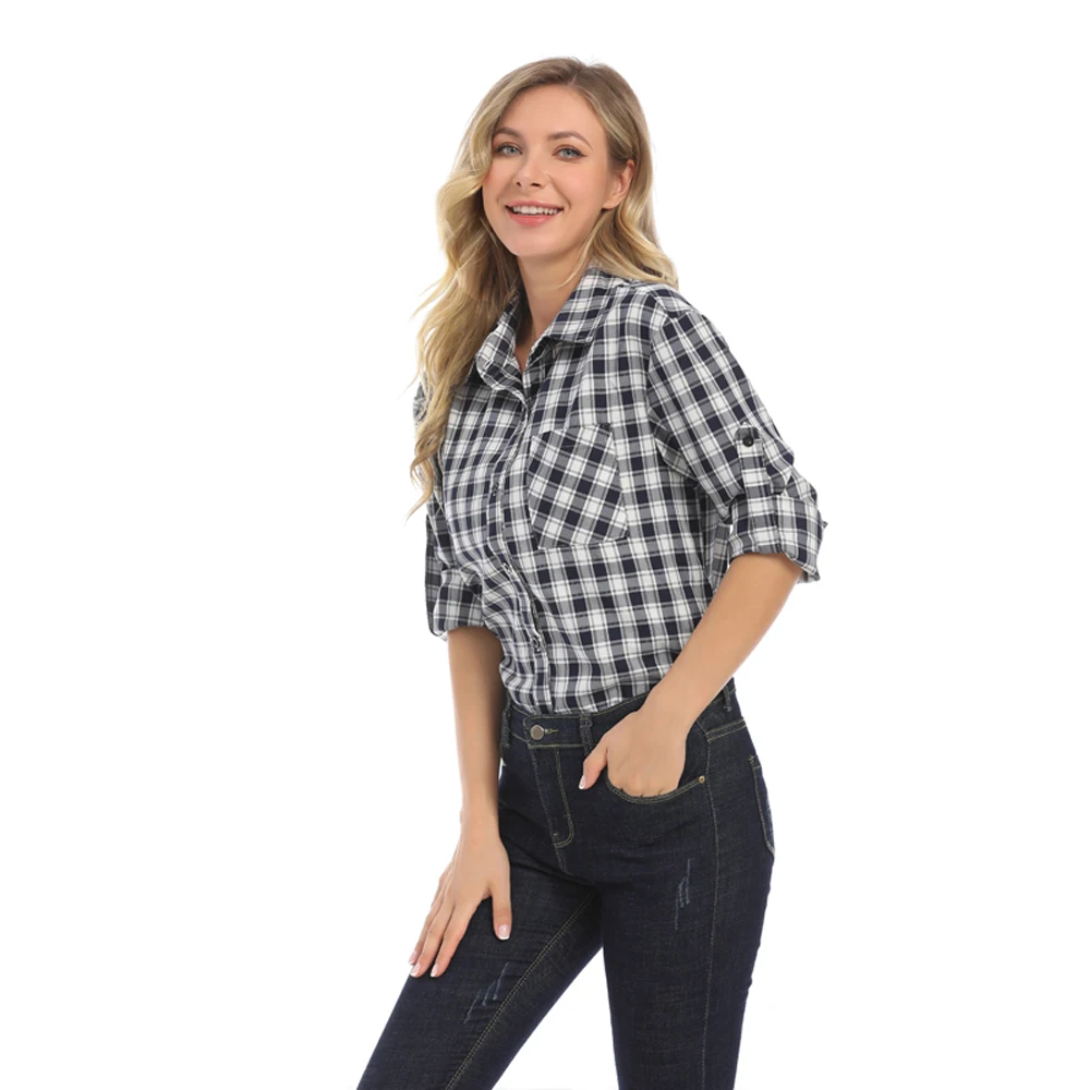 Plaid Check Nursing Maternity Button Up Shirt Lapel Collar Roll Tab Sleeve Side Feeding Opening Soft Cotton Pregnant Women Tunic