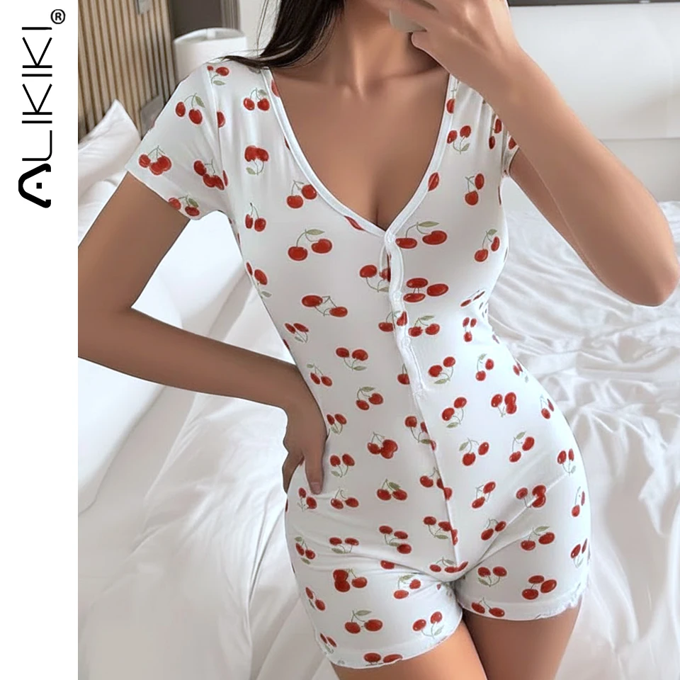 

Cherry Print Onesie Pajamas Sexy Bodycon Sleepwear For Women Button Up Romper Bodysuit Fruits Pjs Lounge Home Wear