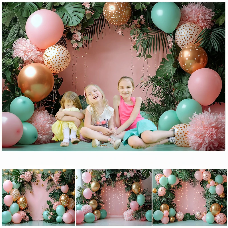 

LS Photography Background Summer Tropical Jungle Palm Tree Balloon Decoration Cake Smash Kids Portrait Photo Backdrop Banner