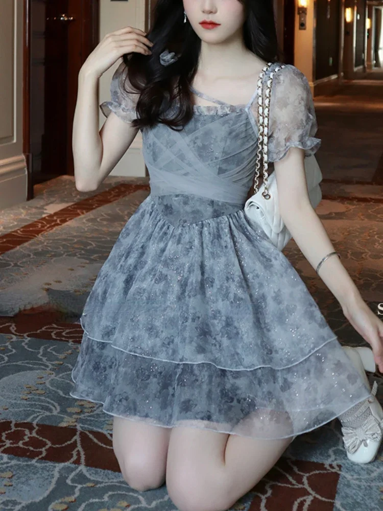 

Летнее розовое платье Kawaii Lolita, женское мини-платье с пышными рукавами, пляжное повседневное элегантное платье феи, 2025 принт, корейское милое праздничное платье, женское