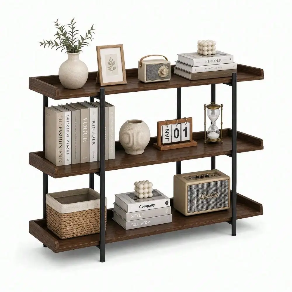 Industrial Rustic 3Tier Console Table Bookshelf, Open Shelf Bookcase With Raised Edge Guard, Wood Shelves Metal Frame, Freestan
