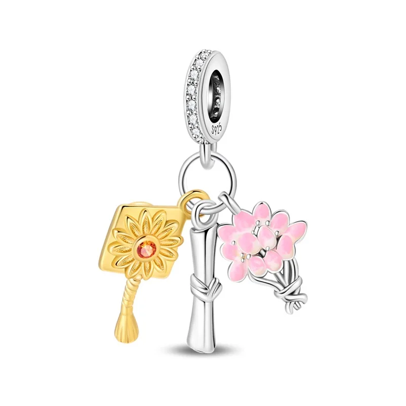 S925 Silver Color Graduation Certificate Bachelor's Hat Graduation Series Charms Beads Fit Pan Original Bracelets DIY Jewelry image 3