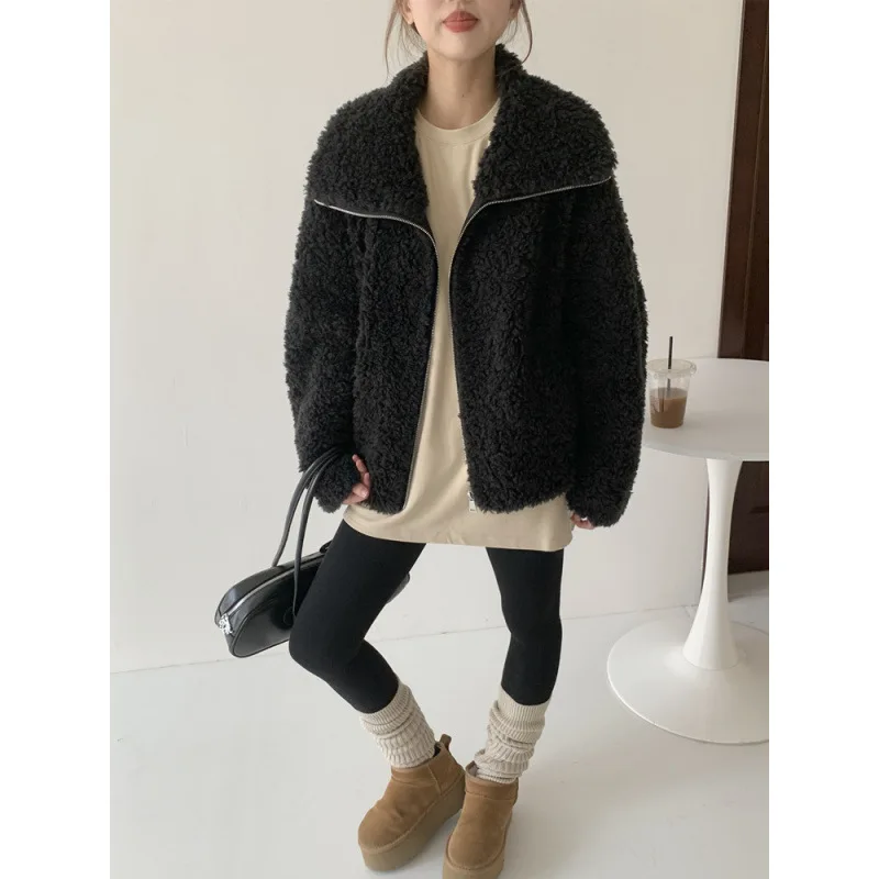 

Women's Autumn Winter Turn Down Collar Wool Coat Lady Streetwear Long Sleeve Wool Fur Fluffy Loose Outwear