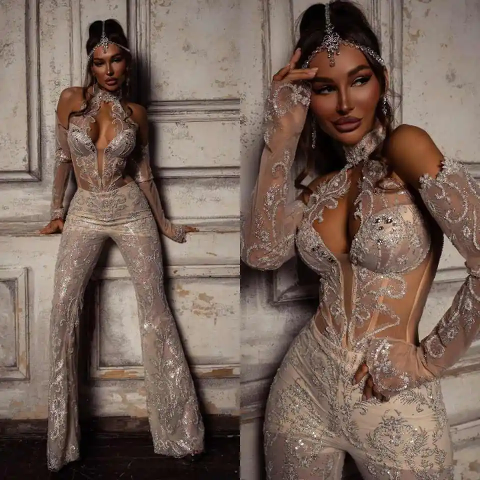 Sexy Ballkleider im Meerjungfrau-Stil mit Kristallen und Pailletten, langärmlig, Spitze, bodenlang, besonderes Design, Vestido De Noite, individuell gestaltet