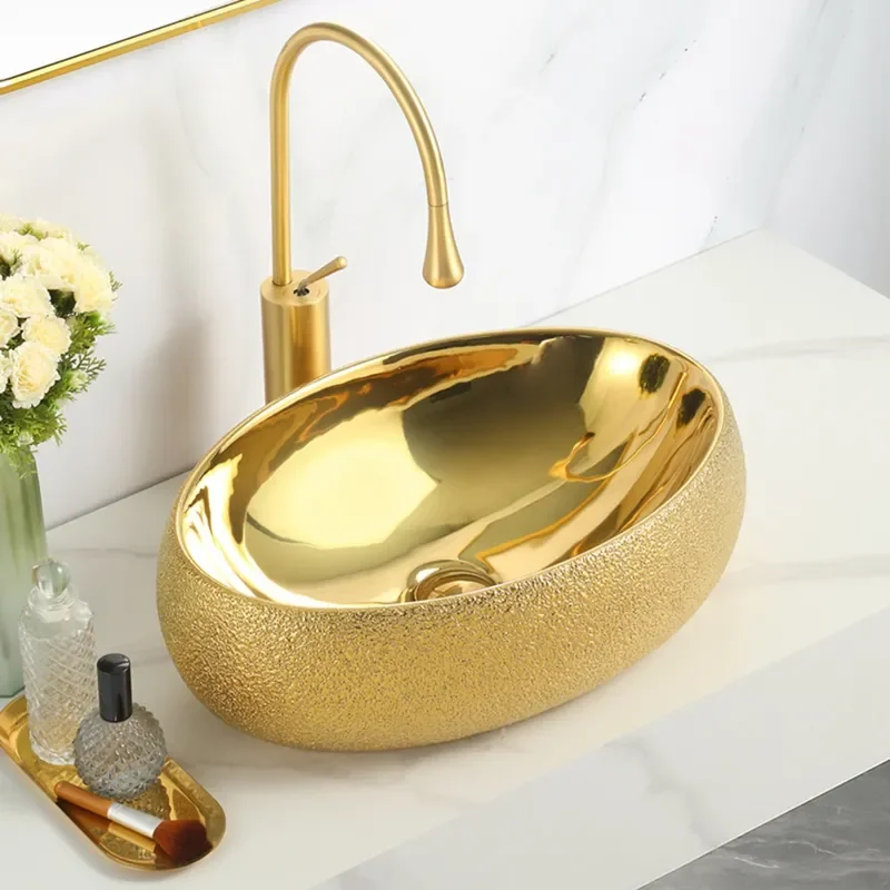 Luxury Gold Bubble Glaze Ceramic Washbasin Artistic On Stage Basin for Bathroom Vanity Modern Round Sink Elegant Design Home