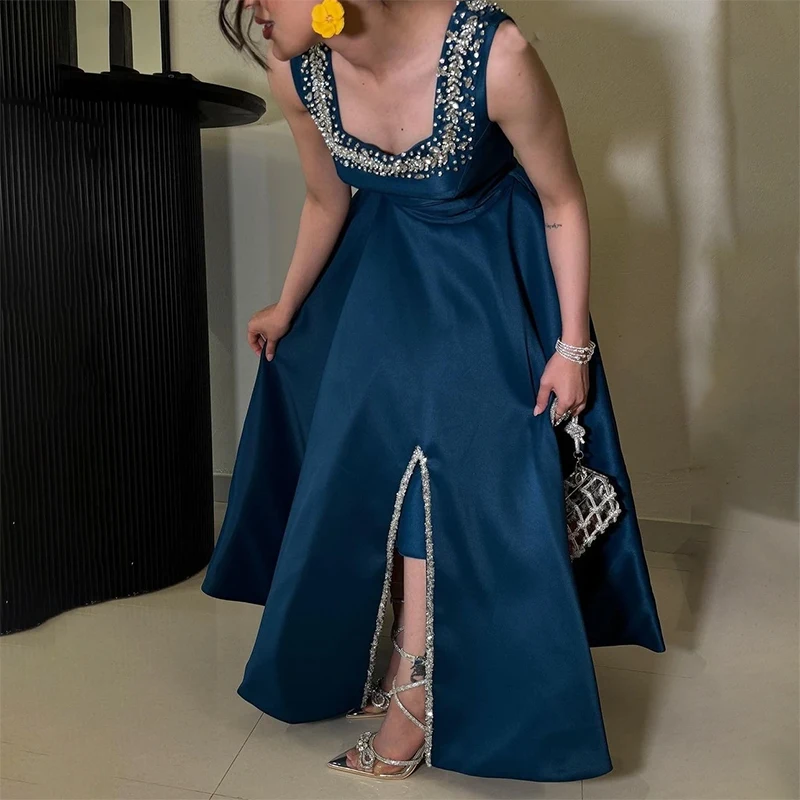 

Customized Blue Square Neck Sleeveless Evening Dresses Women A-line Backless Beaded Low Fork Party Prom Dresses 2025