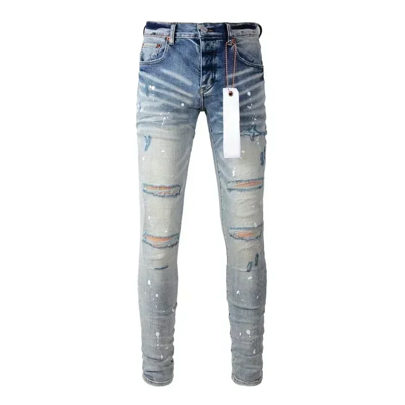 

2024 Purples Man jeans brands high street blue ripped distressed fashion repair low rise skinny denim trousers pants