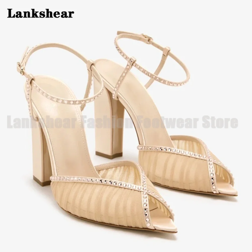 

Crystal Peep Toe Chunky Heels Sandals Women Shoes Summer Sexy Pointy Toe Elegant High Heels Ladies Sandalias De Mujer Verano