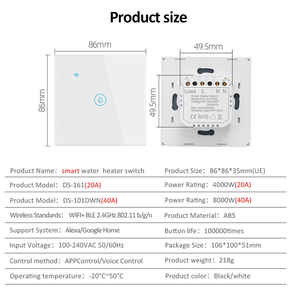 Tuya Smart Wifi Water Heater Boiler Touch Switch 220V Air Conditioner Light Timing EU for Alexa Google Home 20A/40A Switches