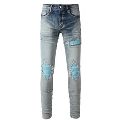 Men Sky Blue Velvet Patch Stretch Denim Jeans Pleated Patchwork Ripped Biker Pants Holes Distressed Skinny Tapered Trousers