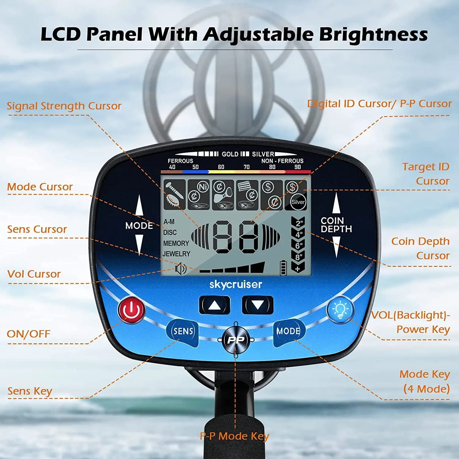 Metal Detector sotterraneo MD910 con Display LCD a bobina di ricerca impermeabile IP68 da 9.8 pollici con retroilluminazione Pinpoint