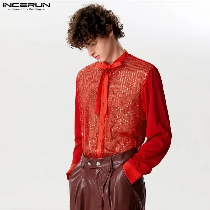 2024 Men Shirt\'s Sparkling Sequins Lapel Lace Up Long Sleeve Casual Men Clothing Streetwear Fashion Party Shirts S-5XL INCERUN