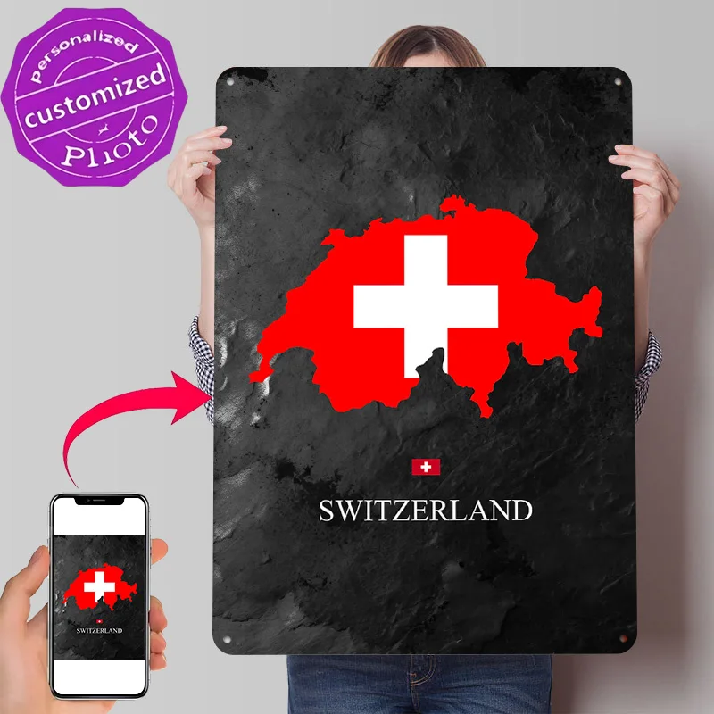 Switzerland Map With Flag on Dark Background 3D Printed Texture Poster Personalized Wall Art Retro Metal Tin Signs for Wand Deko
