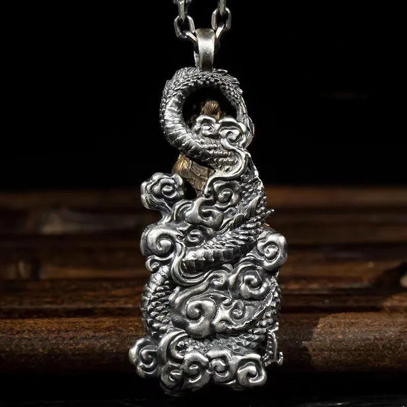 Vintage Relief Python Snake Dragon Pendant Necklace For Men Jewelry Blessing Golden Avalokitesvara Buddha Necklace Male Amulet