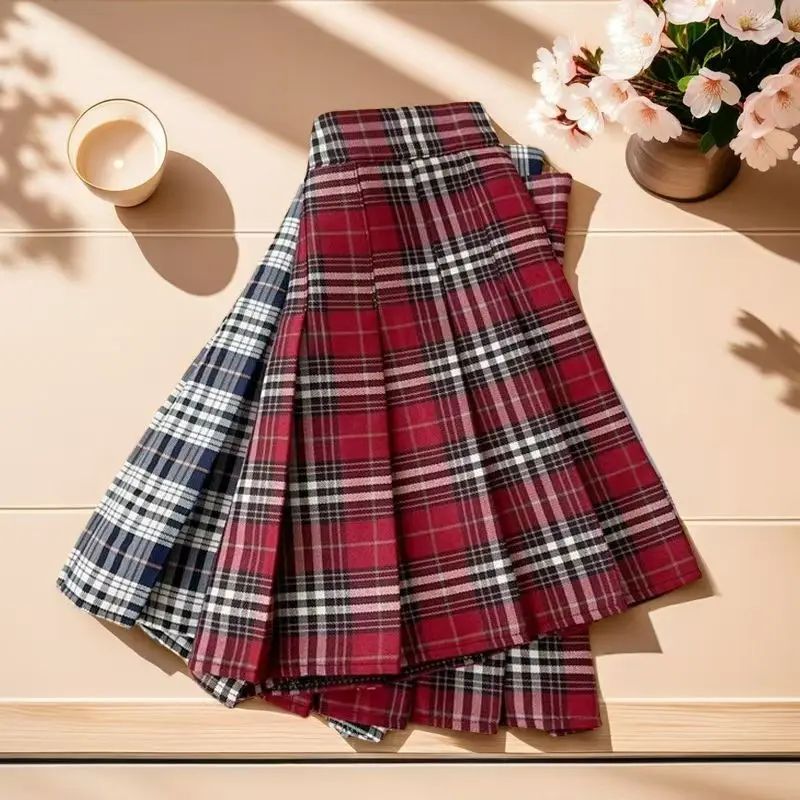 Plaid Pleated Skirt Femme Preppy Style Patchwork High Waist A-line Skirt Autumn All-match Lively Cute Skirts Women Clothes Skirt