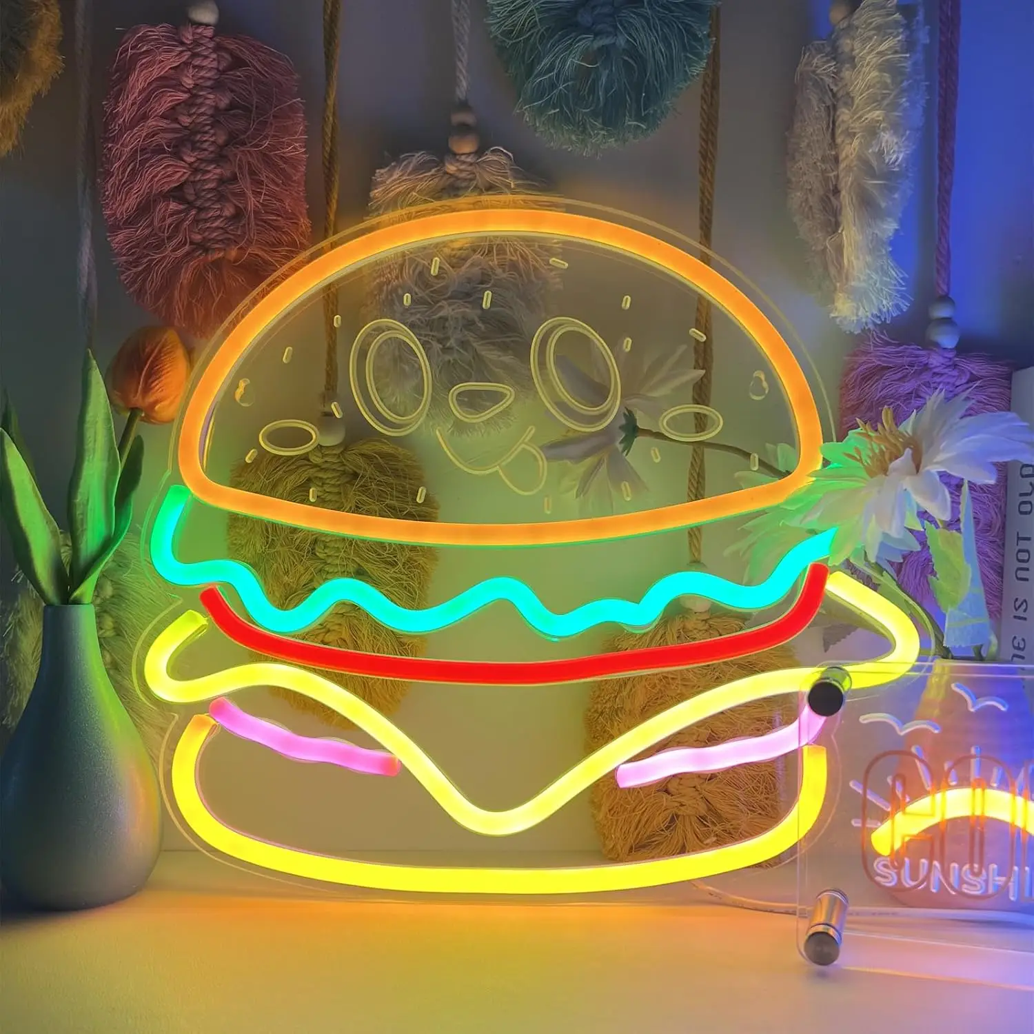 Hamburger Neon Sign Smiling Face Design LED Neon Light for Wall Decor USB Powered for Home Restauran Burger Shop Bar Decoration