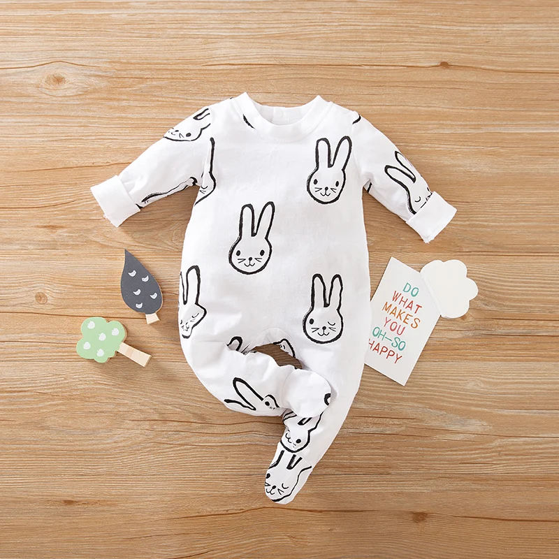 Infant cute cartoon rabbit Print 0-12M Bodysuit Spring and Autumn comfort cotton Long Sleeve Baby one-piece foot covered pajamas