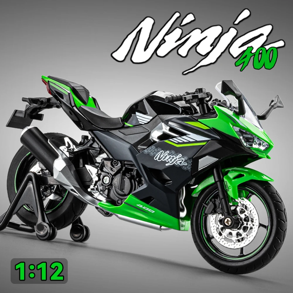1:12 Kawasaki Nijia 400 H2R motocicleta modelo juguetes aleación Diecast sonido luz absorción de impacto dirección de la rueda delantera para niños regalos