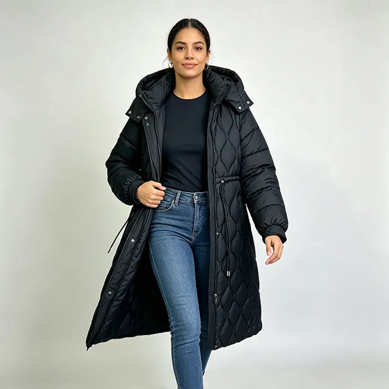 Diamond Quilted Detachable Hooded Puffer Coat for Women Long Sleeve Top Warm Outdoor Travel Daily Winter Thick Outerwear Parka