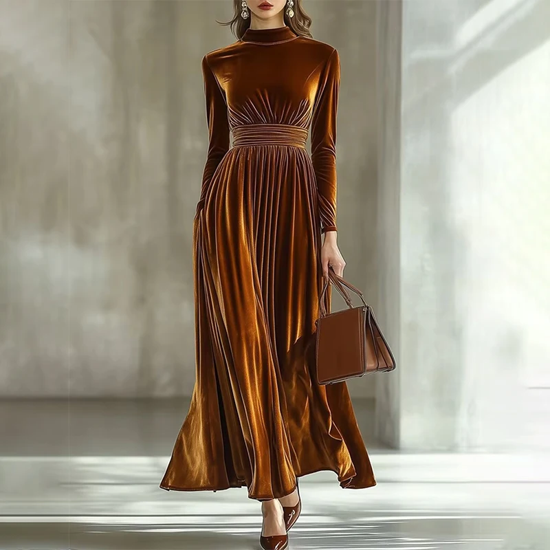 

Autumn Winter Women Solid Velvet Long Sleeve Ruched Long Dress Elegant Half-high Collar High Waist A-Line Streetwear Dress 2025