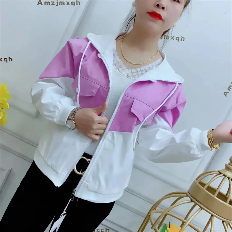 Fashion Korean Version Of Sports And Leisure Hooded Women Jacket Spring And Autumn New Contrast Stitching Short Coat