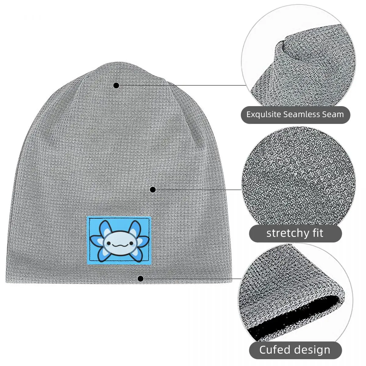 Axolotl Blue By Matx Ft Waffle Knit Fleece Lined Beanie with PU Leather Patch Unisex Warm Winter Soft Cap