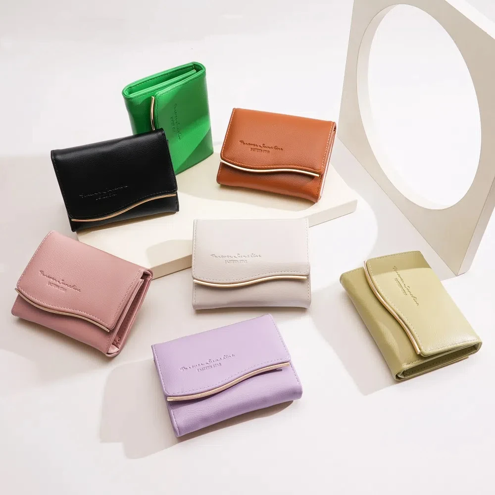 

Solid Color Fashion Women's Short Wallet Simple Buckle PU Wallet Three-fold Multi-card Slots Coin Purse Zipper Card Holder