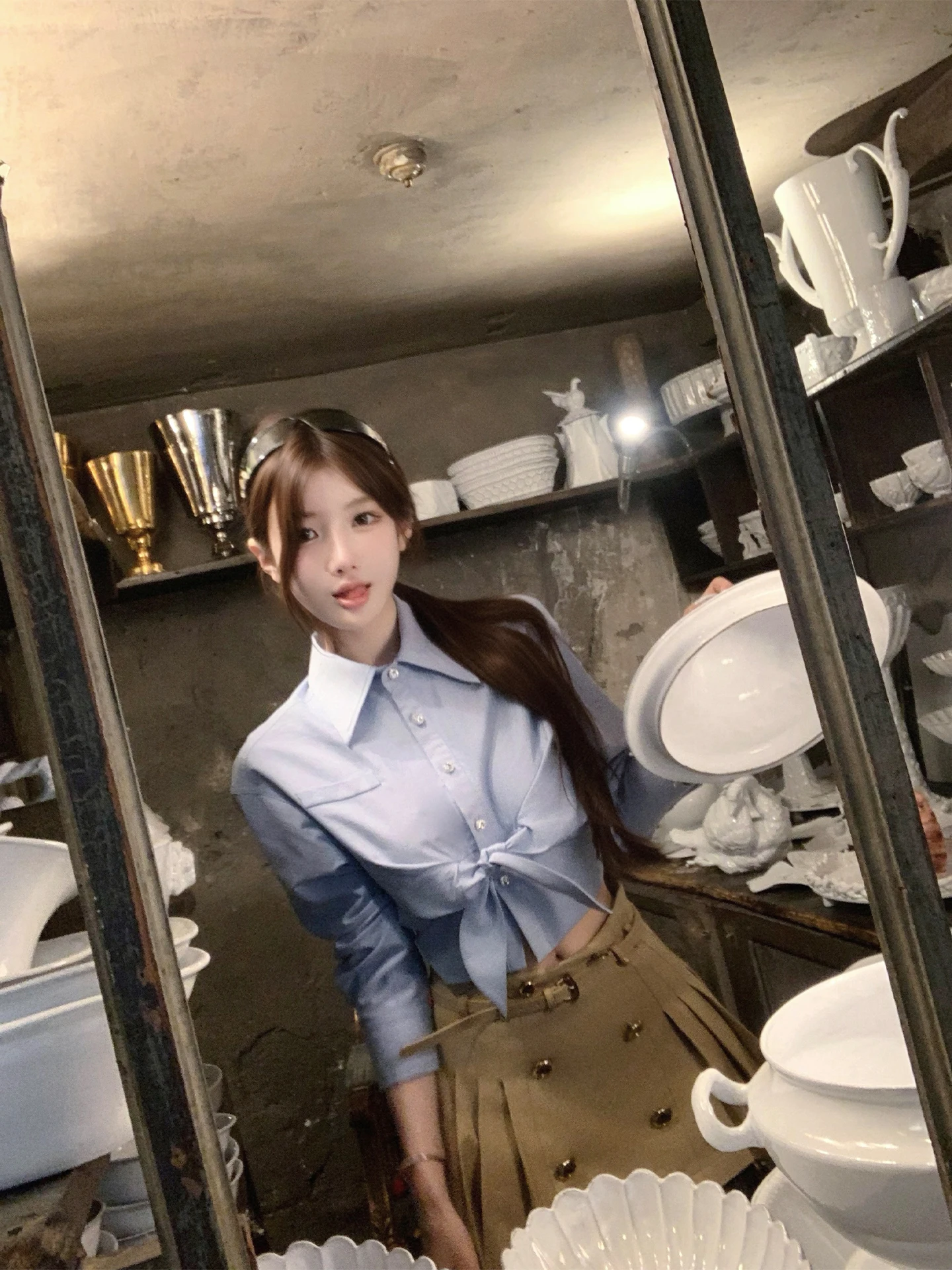 

Bigking Blue irt Jaet Women's ort High Waist Long Sve Top with f Skirt Set Loose Fit Pure Cotton Breathable