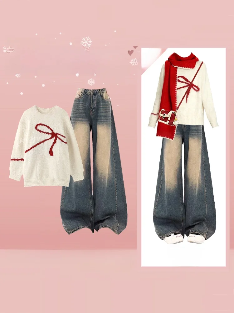 

Ele Зимний трикотаж и комплект широких джинсов, круглый дизайн, эффект уменьшения возраста, модный повседневный наряд для женщин