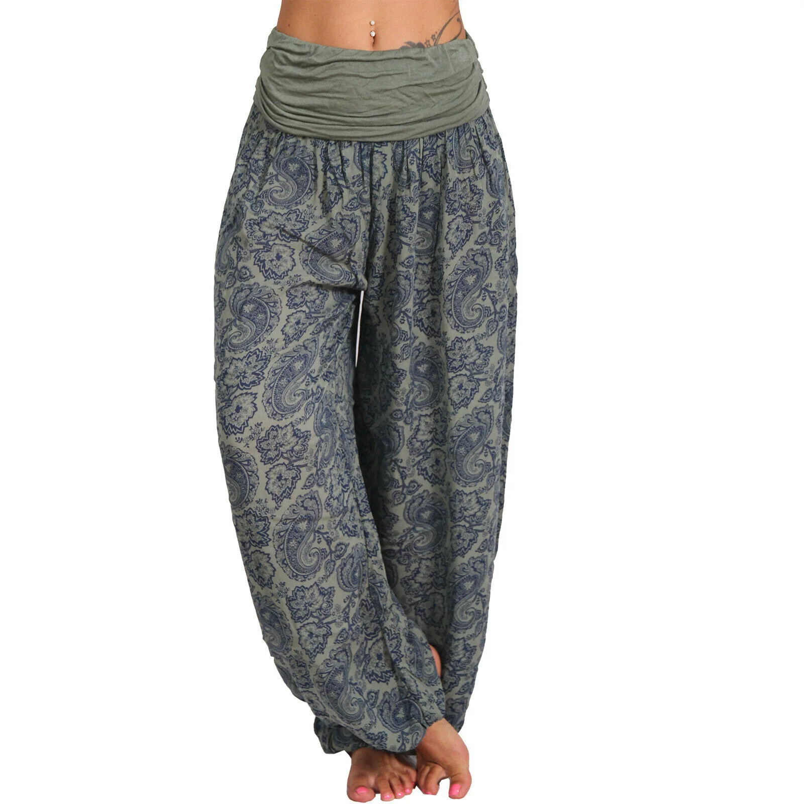 Women Bohemian Harem Pants Elastic Waist Wide Leg Long Pant Vintage Printed Trousers Female Loose Capris Ladies Streetwear