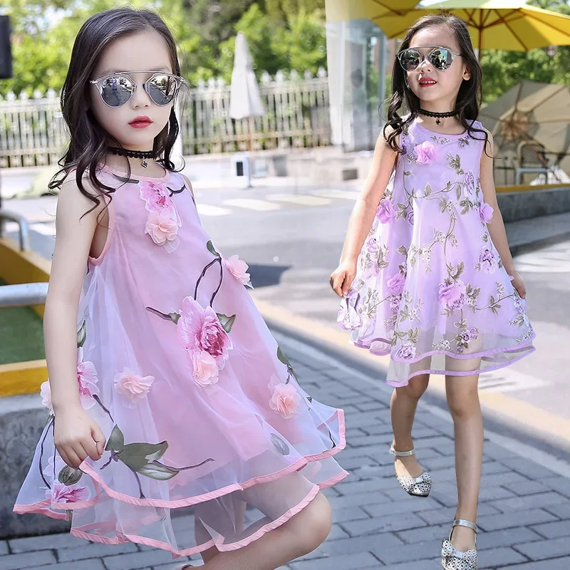 Summer Style Girls Kids 3D Flower Sleeveless Lace Mesh Dress Baby Children Clothes Infant Party Dresses 6 7 8 9 10 12 13 years