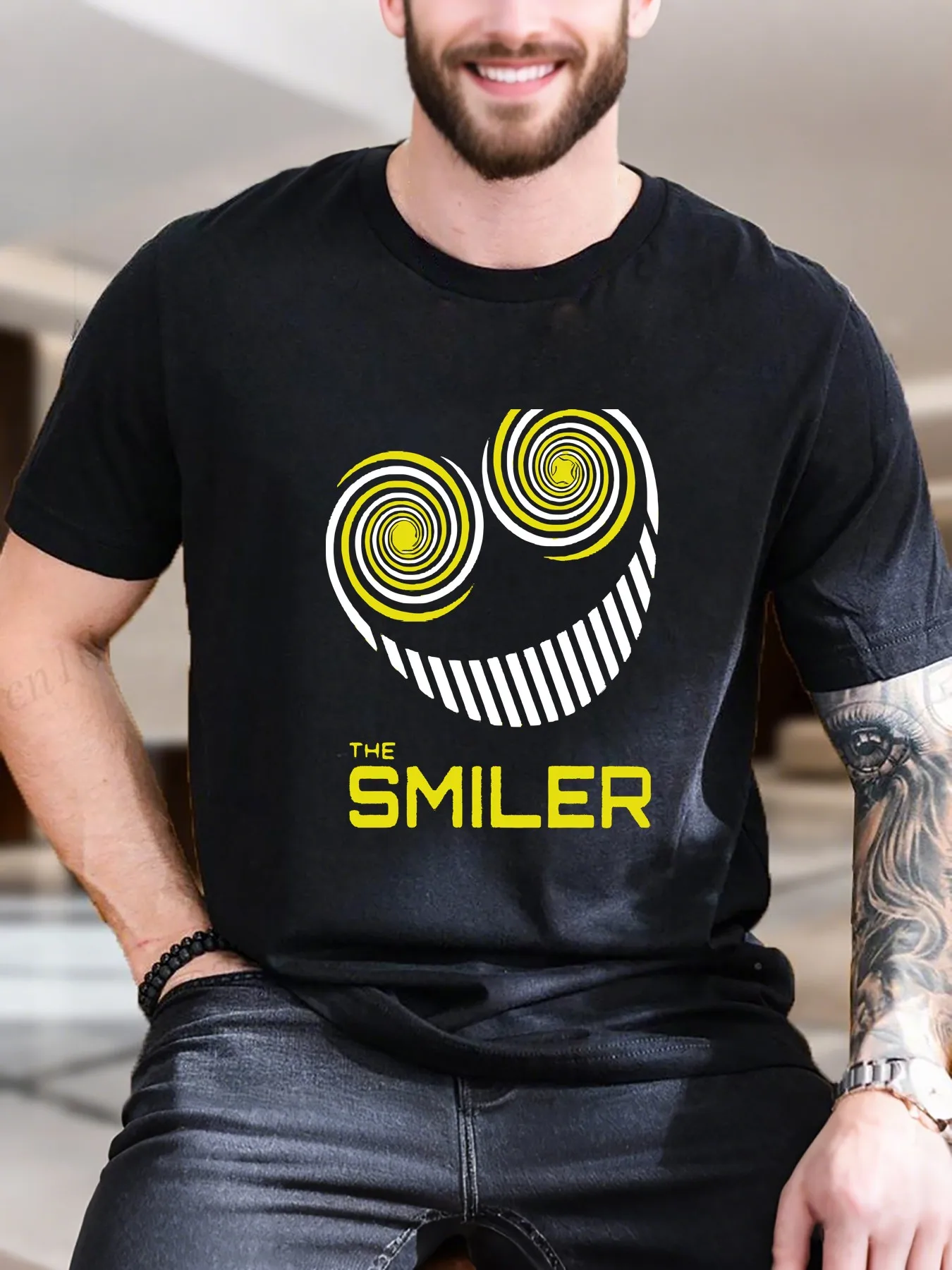 

New Arrival Fashion Men's Printed Short Sleeve T-Shirt Swirly Heart Design 100% Cotton Tee Breathable Summer Casual Top Yellow Wh