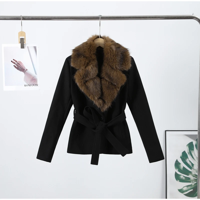 Vintage-Mantel mit Kunstpelzkragen und Schnürung, abgeschnittener Mantel, Gürtel-Taillenjacke, weiblich, 2025, warme Herbst-Winter-Outer, High-Street-Outfit – Detail 3