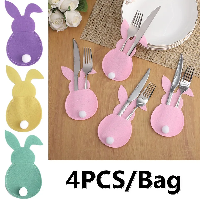 4Pcs Easter Bunny Felt Cutlery Holder Bag Happy Easter Decorations for Home Tableware Accessories Rabbit Cutlery Cover Bag Table