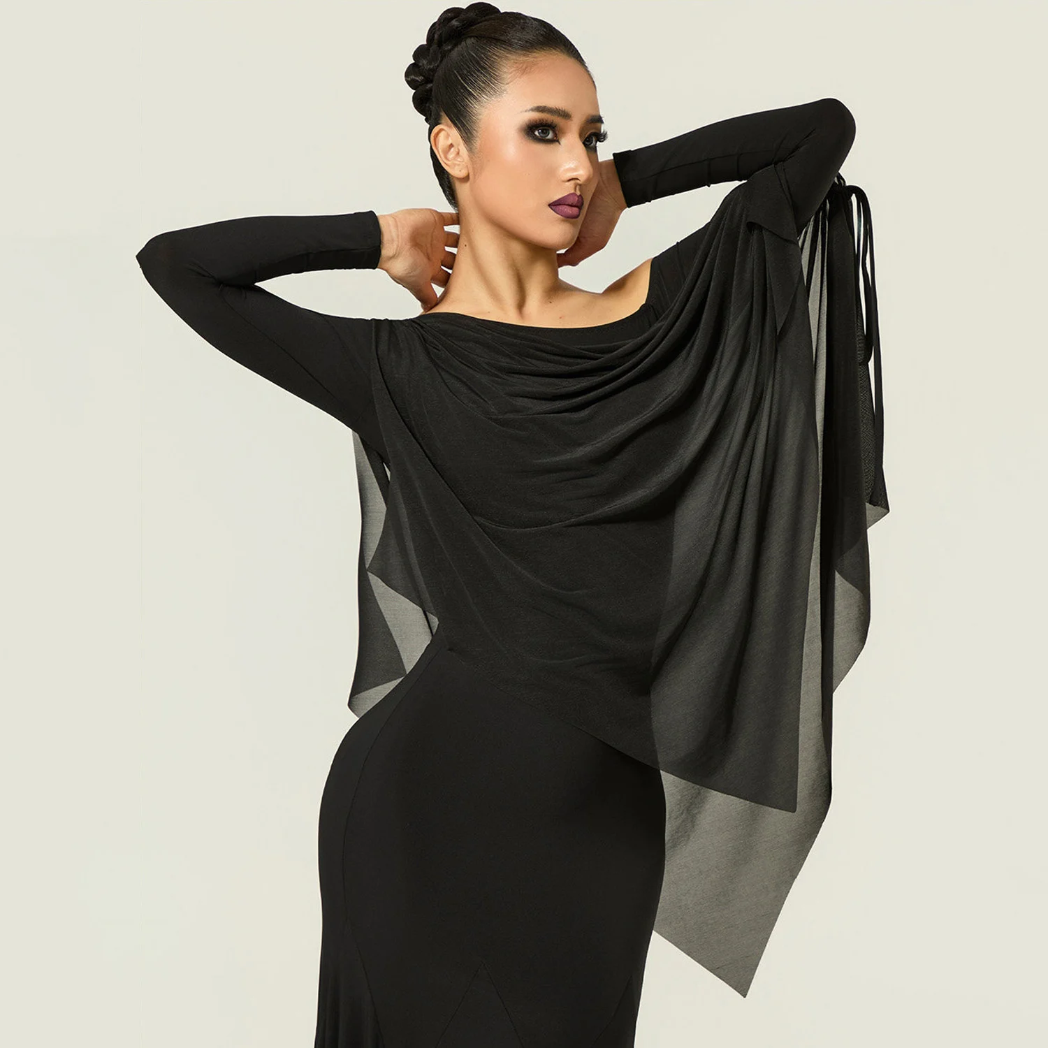 Ballroom Dance Costume Women Long Sleeves Black Leotards Swing Mesh Waltz Performance Clothes Irregular Tango Dance Skirt Adult