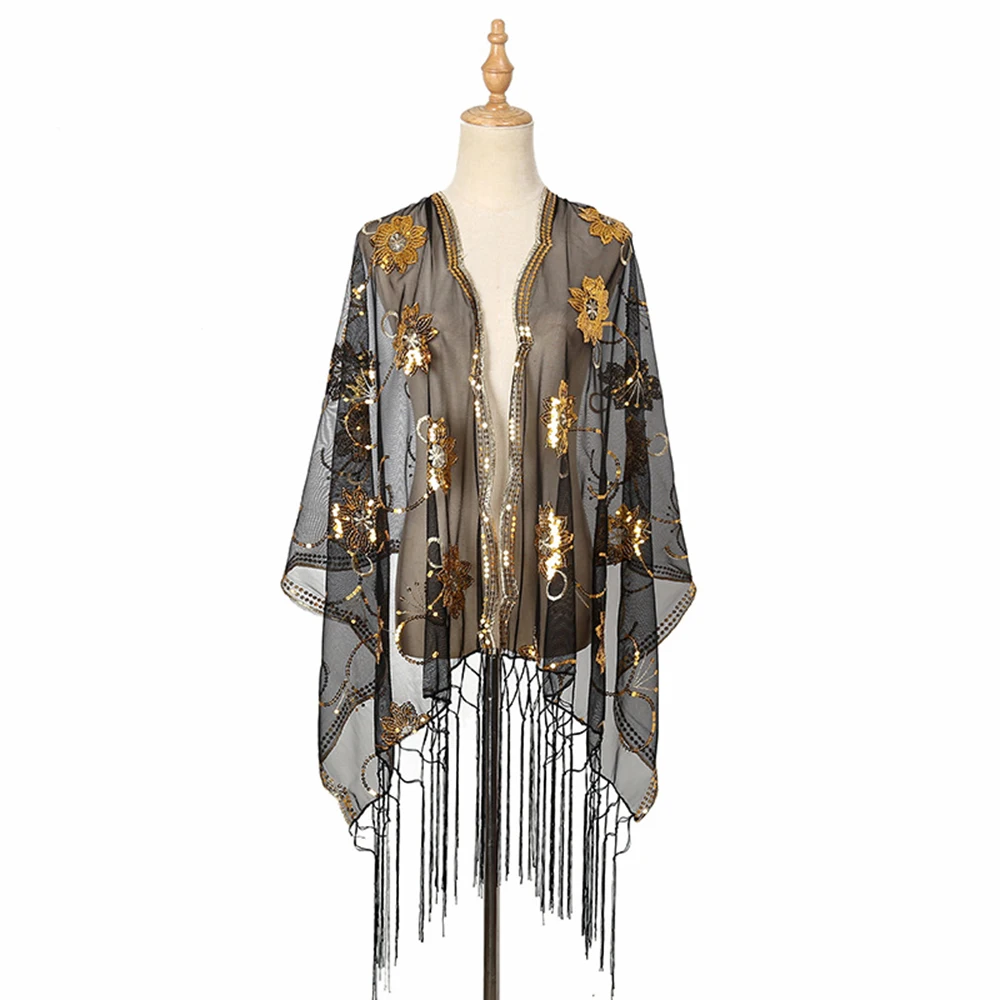 Spring and Autumn Breathable Gold Glitter Fringe Long Scarf Elegant Large Size Long Shawl For Cheongsam Evening Party Shawl Cape