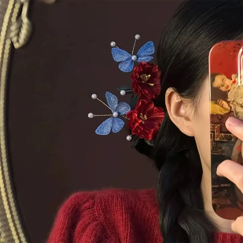 

Заколка для волос с кисточкой и красным цветком, новый китайский стиль, жемчужная деревянная палочка для волос, античная ретро шпилька Hanfu для женщин