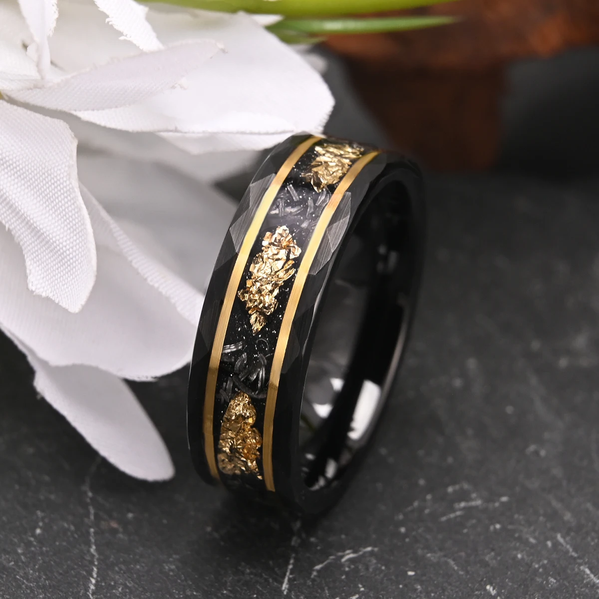 8mm Classic Fashion Tungsten Carbide Ring Black with Golden Foil Wedding Engagement Ring for Men and Women Jewelry Gift